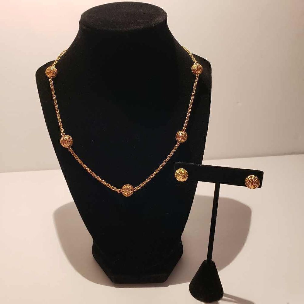 Gold tone Filagree Balls Necklace and Pierced Earrings